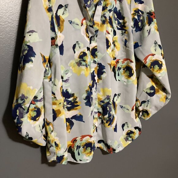 The Limited Size M Button Up Blouse Floral Blue Grey Yellow Long Sleeve Flowy - Picture 3 of 9